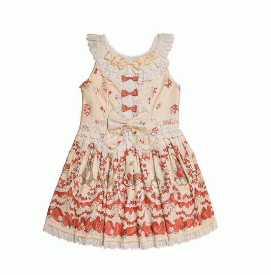 Strawberry and Bunny Print Yellow Cottagecore Country Lolita Sleeveless Dress Bowknot Details at Waist