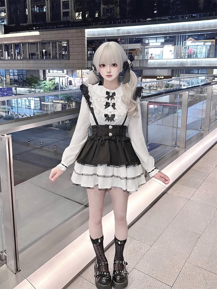 Jirai Kei Black and White Flutter Sleeves Lace-up Details Overalls Tiered Skirt