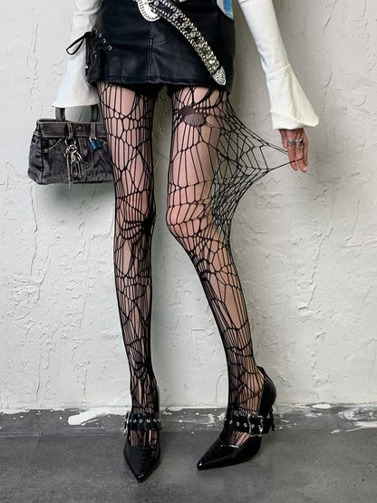 Black Spider Asymmetrical Design Hollow-out Tights