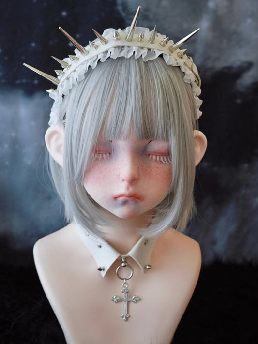 White Gothic Handmade Studs Detail PU Ruffled KC