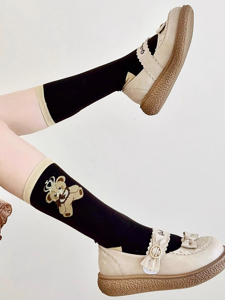 Brown Teddy Bear Print Lolita Calf Socks