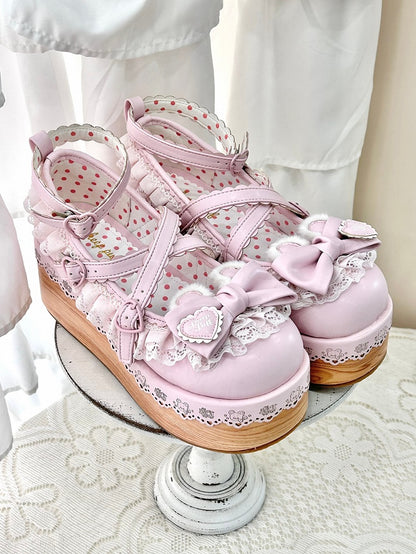 Pink Crisscross Design Bunny Ear Bow at Top Lace Trim Platforms