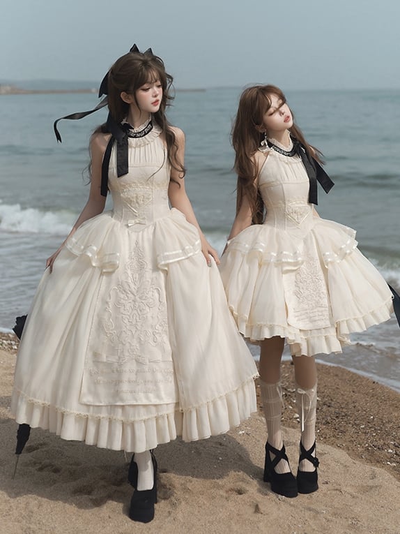 Creamy Delicate Embroidery Detail Classic Lolita Backless Halter Neck Dress