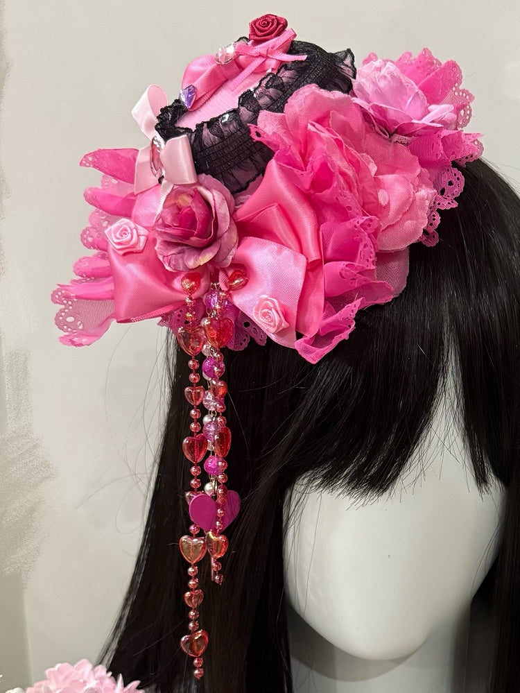 Rose Red Rhinestone Heart Decorated Rosette Design Bowknot Details Beaded And Heart Chain Mini Hat