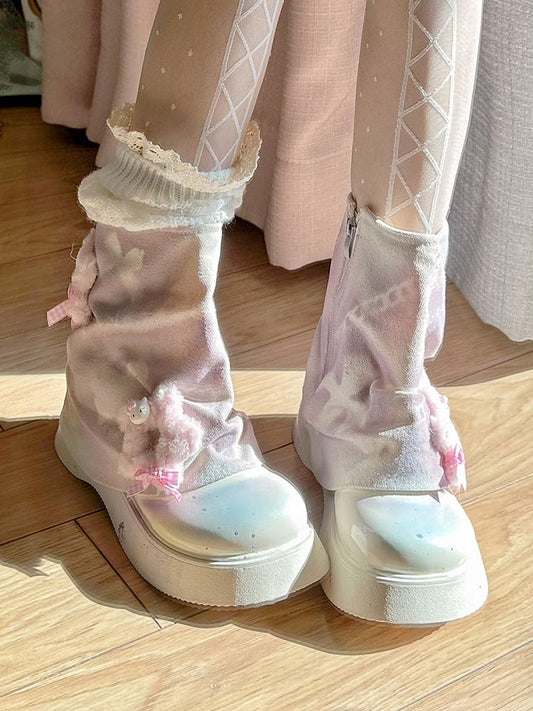 Pink Plush Star Graffiti Platform Ankle Boots