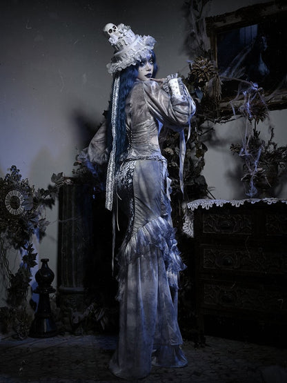 Corpse Bride Ruffle High Neck Dusty Blue Tie Dye Fabric Victorian Goth Long Bishop Sleeves Chiffon Shirt