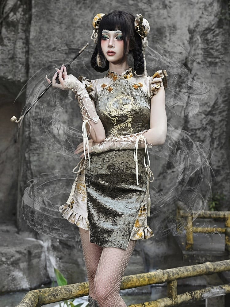 Summer New Arrival Dragon Embroidery Goth Qipao Dress Dusty Green and Yellow
