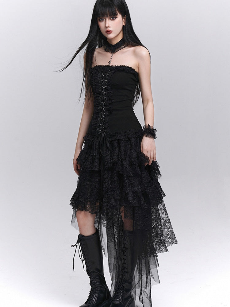 Gothic Black High-Low Tiered Lace Skirt