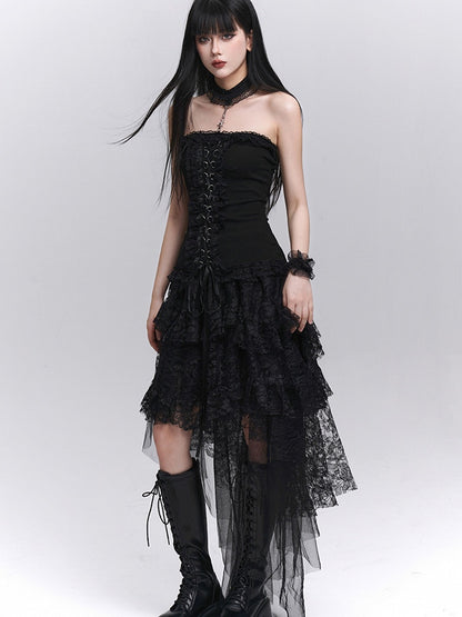 Gothic Black High-Low Tiered Lace Skirt