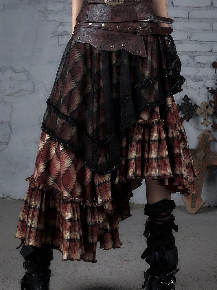 Black&Red Wasteland Punk Plaid Pattern Studs PU Waistline Asymmetrical Flounce Hem Skirt