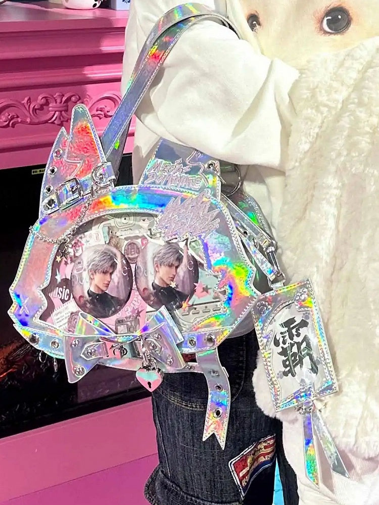 Kitty Ear Design Bowknot Studs Detail Holographic Color PU Tote Ita Bag with Free Card Holder