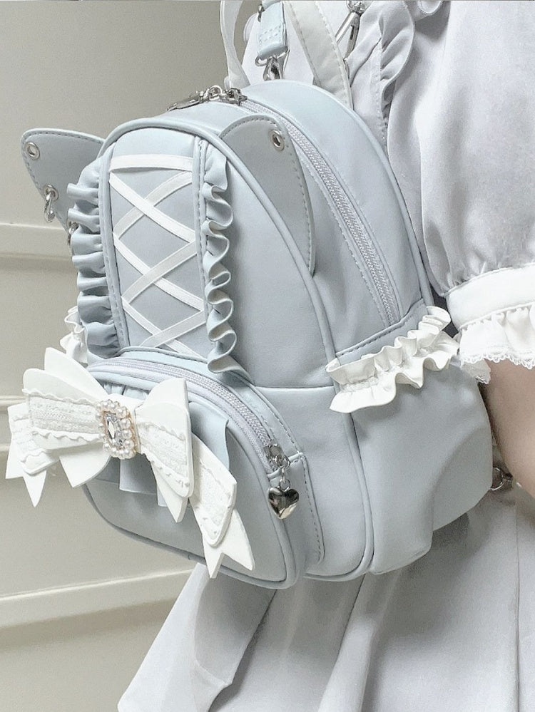 Jirai Kei Light Blue Cat Ear Backpack With Beaded and Rhinestone Bow