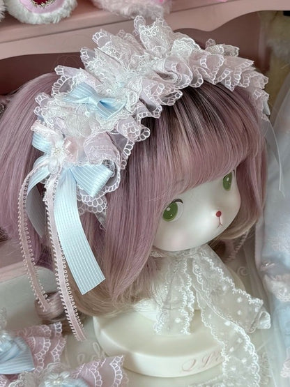 Pink/Pink&Blue Floral Design Bowknot Details Ruffled Hairband