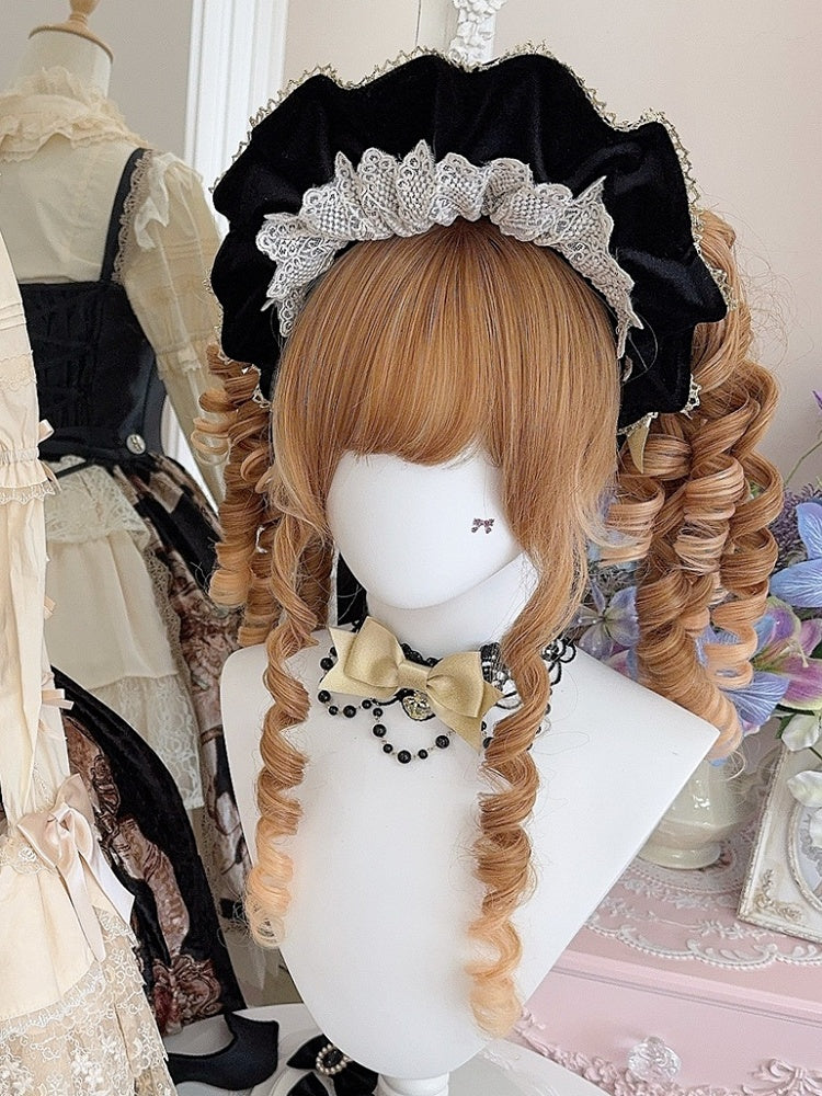 Matte Wine Red/Black Velvet Lace Trim Bonnet + 4 Bowknot Brooches