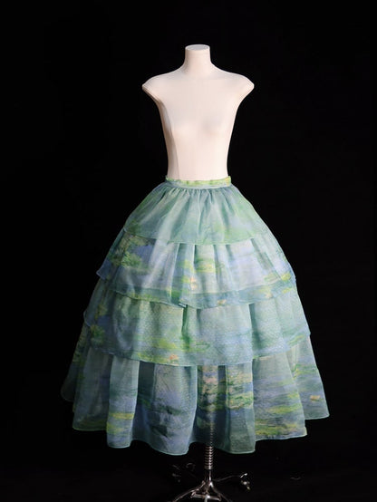 Sky Blue/Light Pink/Purple/Green Oil Painting Print Organza Tiered Skirt