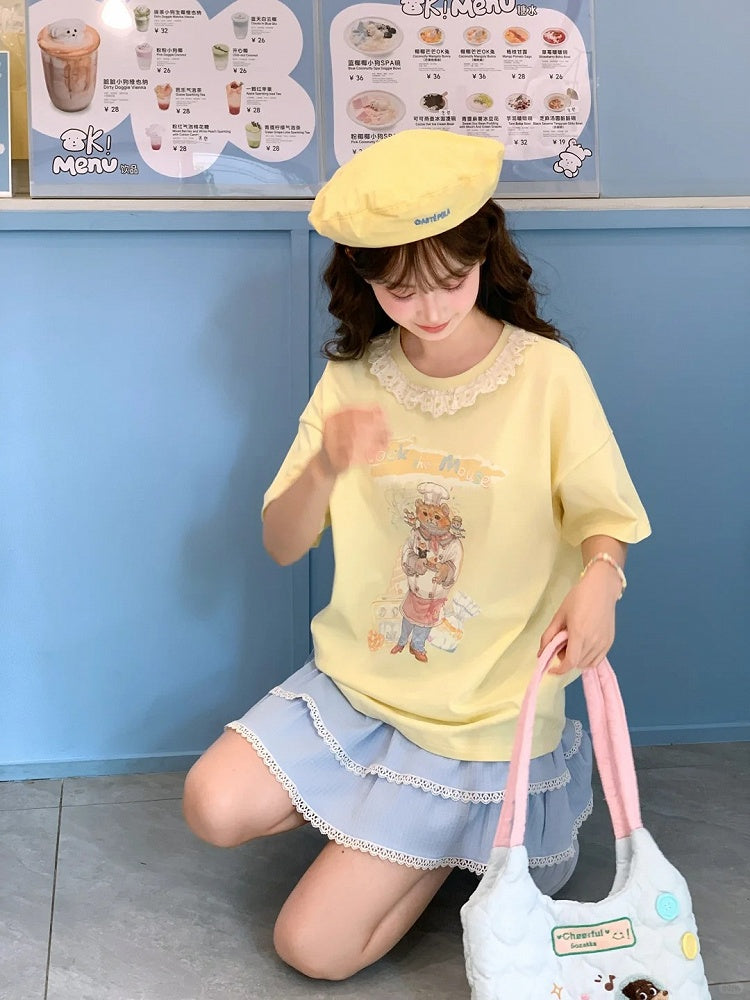 Chef Mouse Print Lace Trim Neckline Yellow Round Neck Loose Cotton T-shirt