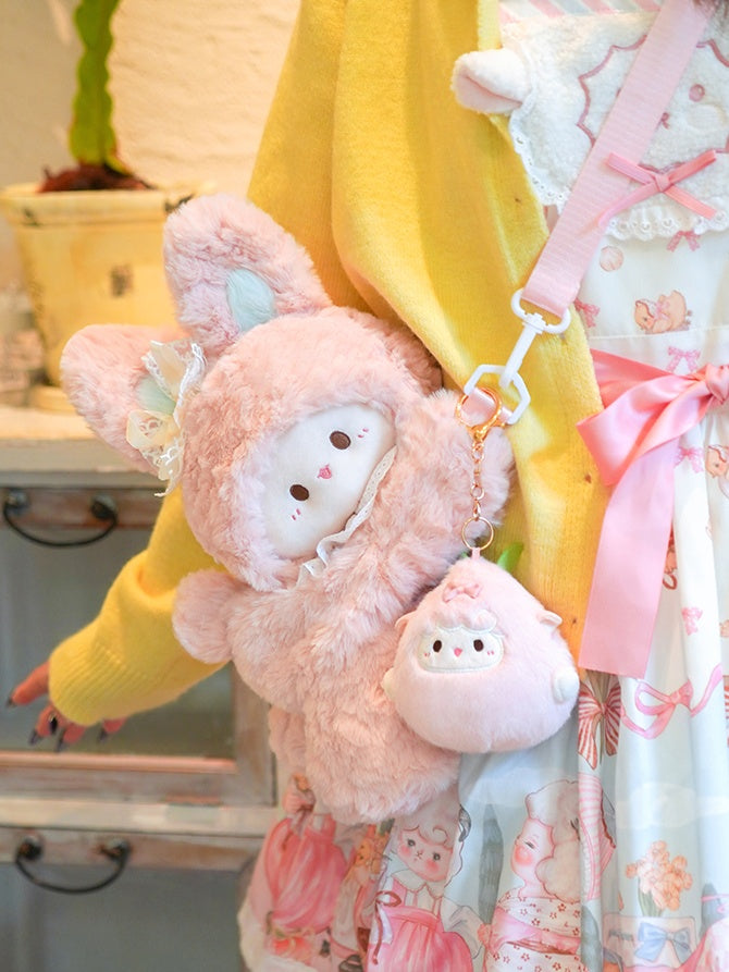Pink Rabbit Bowknot Lace Details Plush Backpack Small/Middle/Large Size
