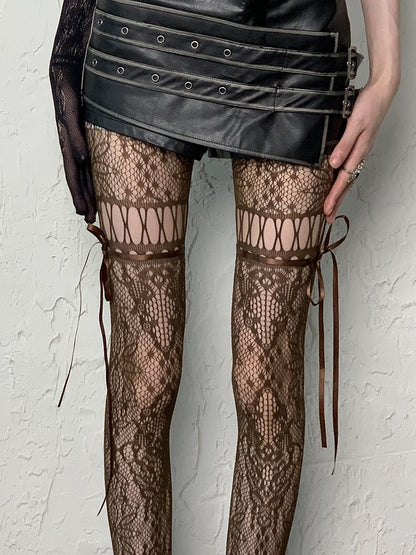 Coffee/Gray/Black/White/Purple/Blue Y2K Floral Pattern Self-tie Straps Cut-out Design Tights