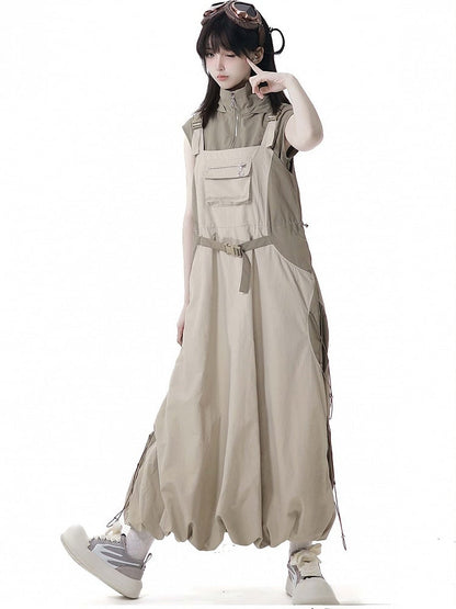 Khaki Snap and Drawstring Details Techwear Overall Bubble Skirt