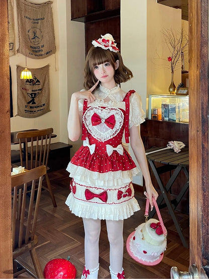 Red Polka Dots Sweet Bow Accents Lolita Full Set - Cami Top + Skirt + Puff Sleeves Cropped Top