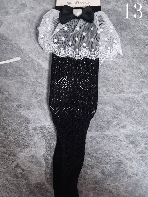 14 Options Black/White Lolita Calf Socks With Bowknot Details And White Lace Cuffs