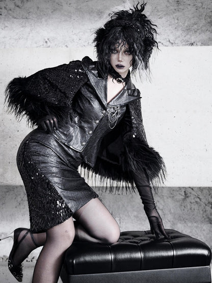 Black Sharp Angle Notched Collar Office Lady Fluffy Hemline Cape Design PU Leather Blazer