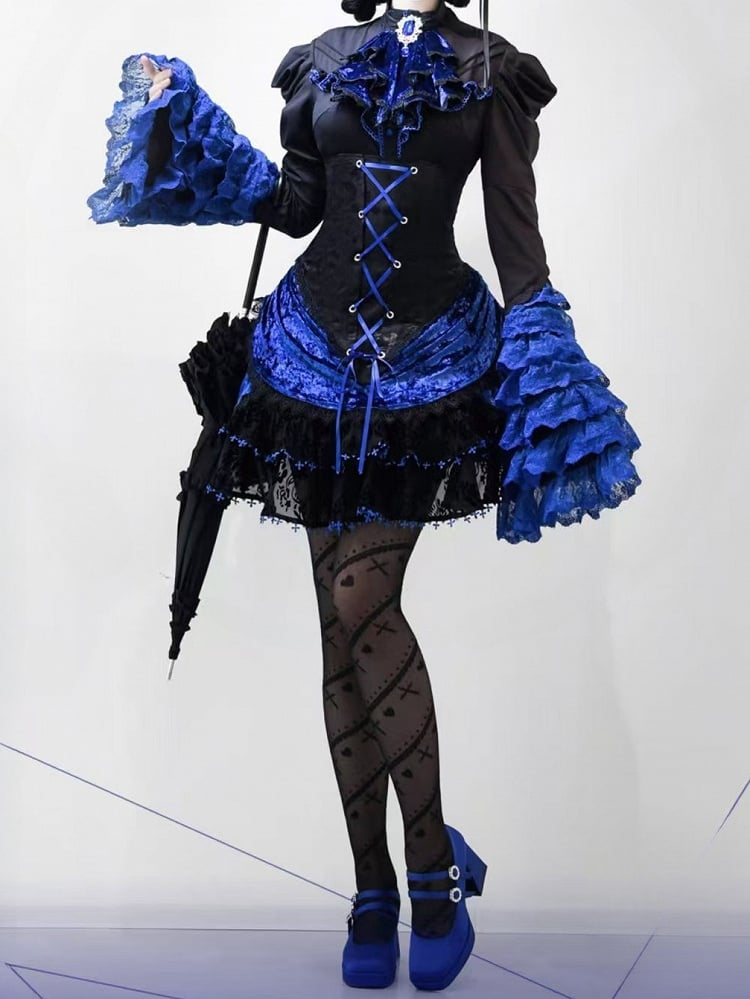 Boned Corset Super High Waist Black and Klein Blue Gothic Lolita Skirt