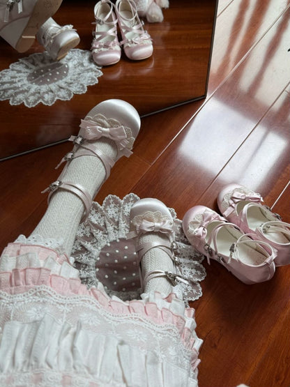 Sweet Champagne Wedge Shoes for Lolita with Bow Decor, Lace Edging & Crisscross Design