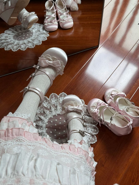 Sweet Champagne Wedge Shoes for Lolita with Bow Decor, Lace Edging & Crisscross Design