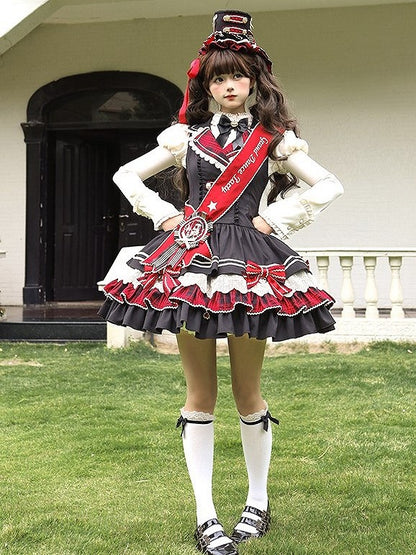 Preppy Style Black & Red Plaid Notched Collar Lolita Dress with Lace Trim and Bow Accents