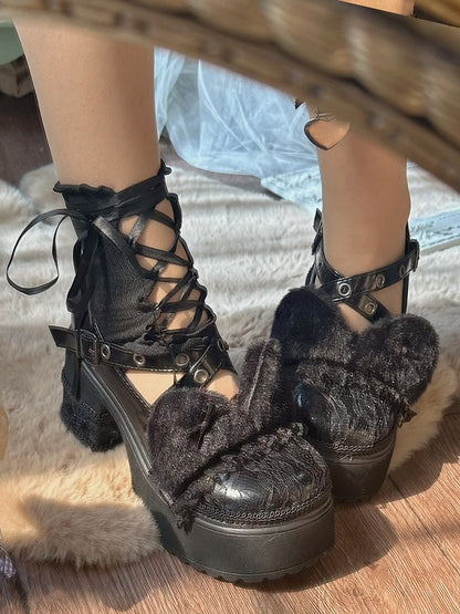 Black Plush Kitty Ear Lace Platform Mary Janes