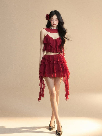 Clearance-Size M for Waist 64CM Red Chiffon Asymmetrical Ruffled Hem Slim-fitting Mini Tiered Skirt