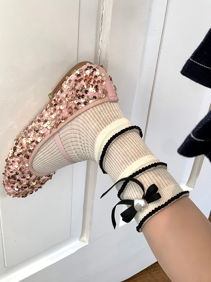 6 Color Options Beaded Heart Decorated Bowknot Detail Loose Calf Socks