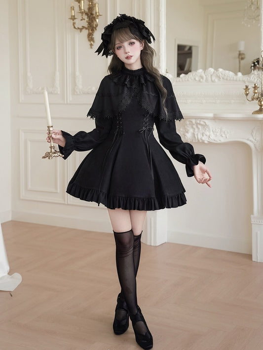 Black Jirai Kei-inspired Lace-up Details Dress with False Two-Piece Cape