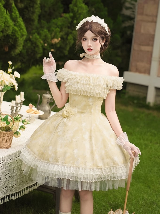Butterfly and Floral Print Light Yellow Versatile Neckline Lolita Dress
