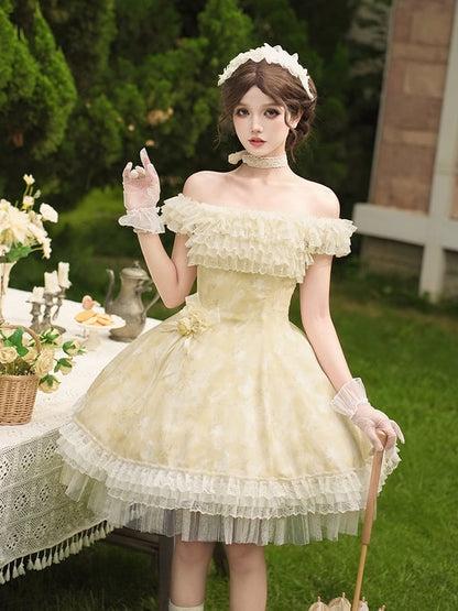 Butterfly and Floral Print Light Yellow Versatile Neckline Lolita Dress