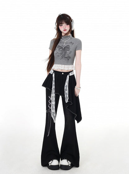 Black Asymmetrical Hem Lace-up Detail Flared Pants Faux Two-Piece with Lace Waist Belt