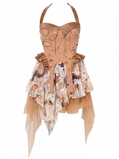 Brown Wasteland Punk Studs Chain Decorated Distressed Holes Design Halter Dress