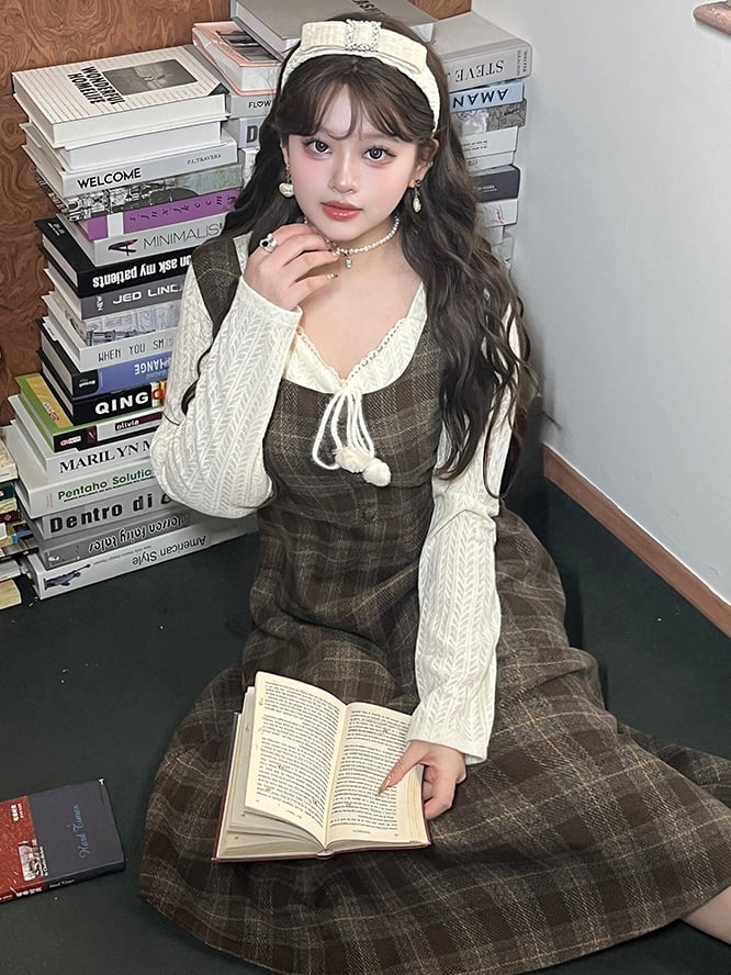 Plus Size Brown High Waist Plaid Pattern Woolen Overall Dress