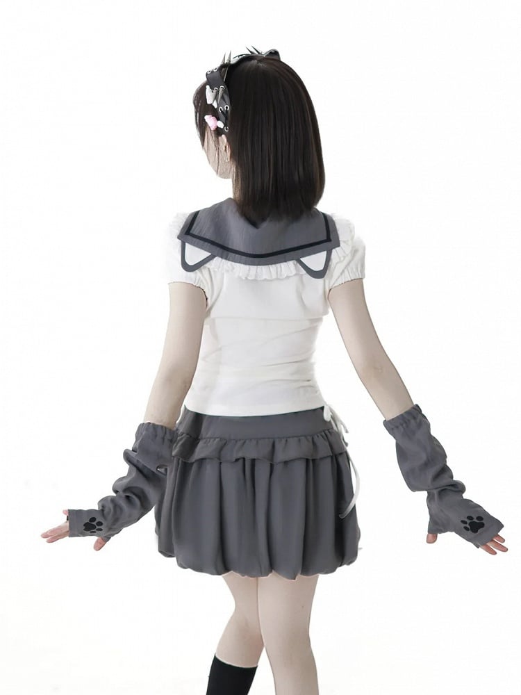 Cat Paw Embroidery Gray Bubble Skirt