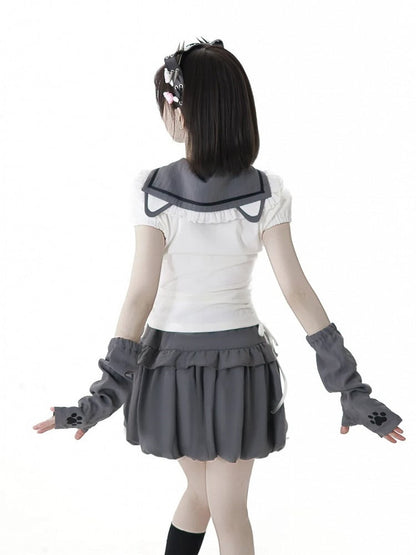 Cat Paw Embroidery Gray Bubble Skirt