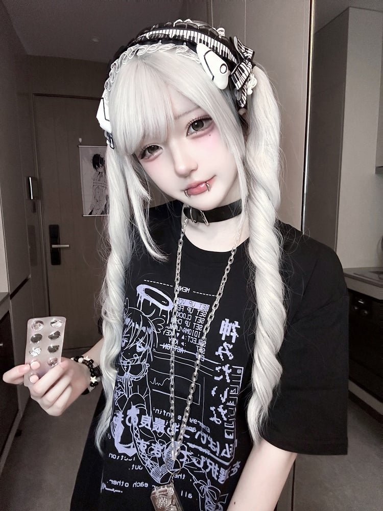 Jirai Kei Black/White Round Neck Cyberpunk Angel Print Cotton T-Shirt