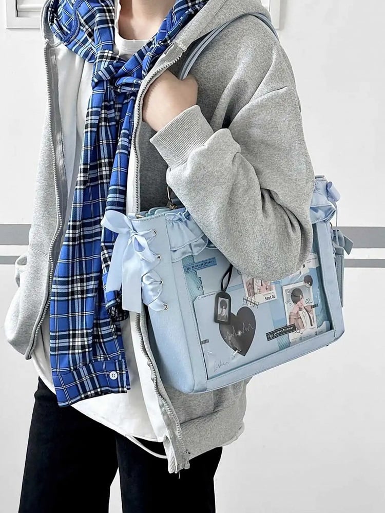 Blue Satin Ruffle Trims Self-tie Straps Ita Bag With Bow Card Holder