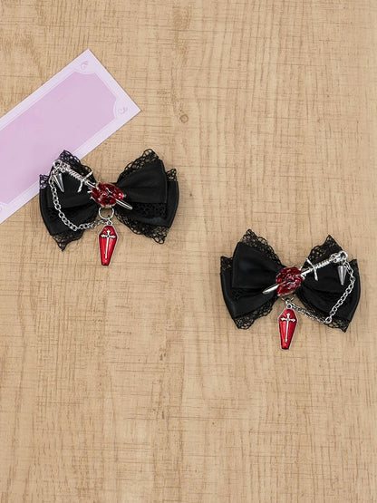 5 Colors Coffin Charm Gothic Cross Jirai Kei Bowknot Hairclips with Chain