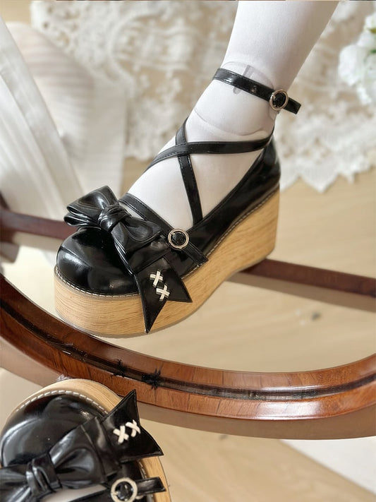 Black Bow at Top Crisscross Design Sweet Lolita Platforms