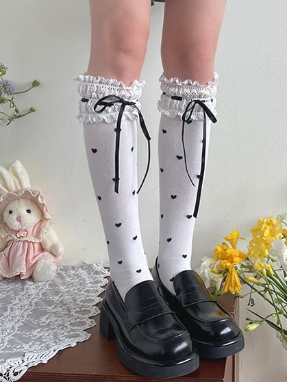 Black Heart Pattern Lace Trim White Lolita Under-Knee Stockings