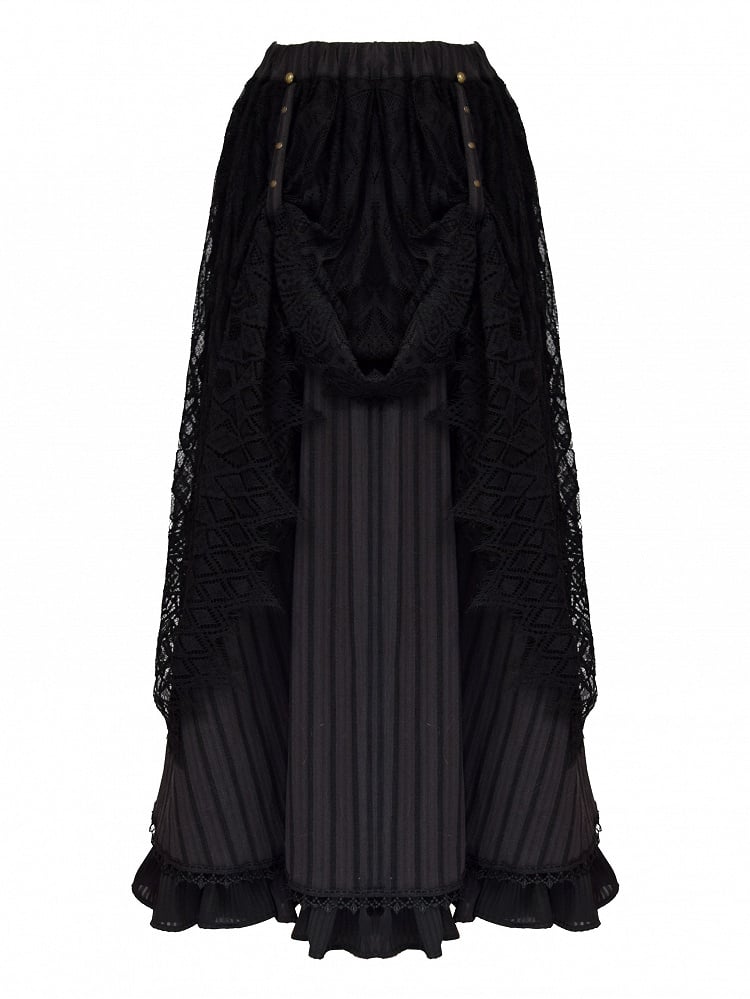 Gothic Black Lace Overlay Striped Skirt And Handkerchief Hem Train Set