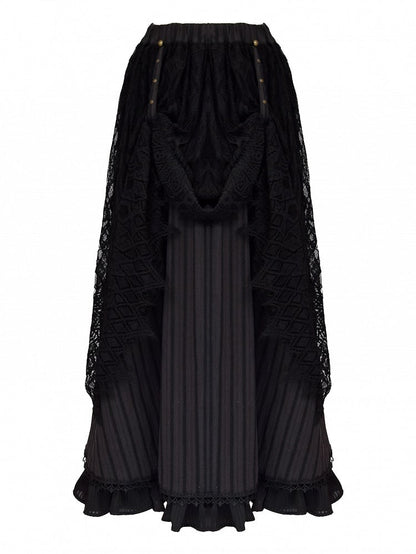 Gothic Black Lace Overlay Striped Skirt And Handkerchief Hem Train Set