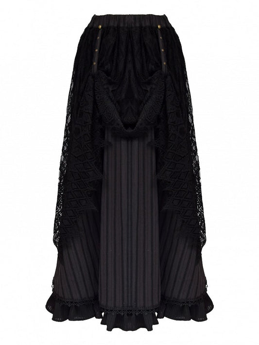 Gothic Black Lace Overlay Striped Skirt And Handkerchief Hem Train Set