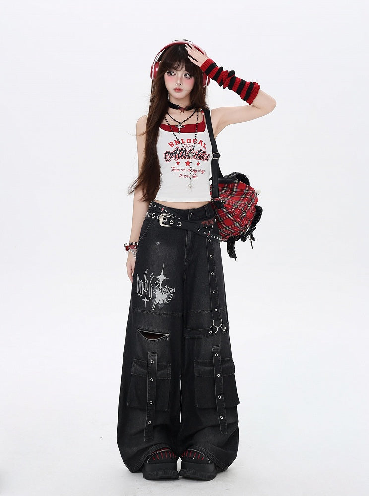 Black Butterfly Print Strap Details Vintage Wide-Leg Cargo Jeans
